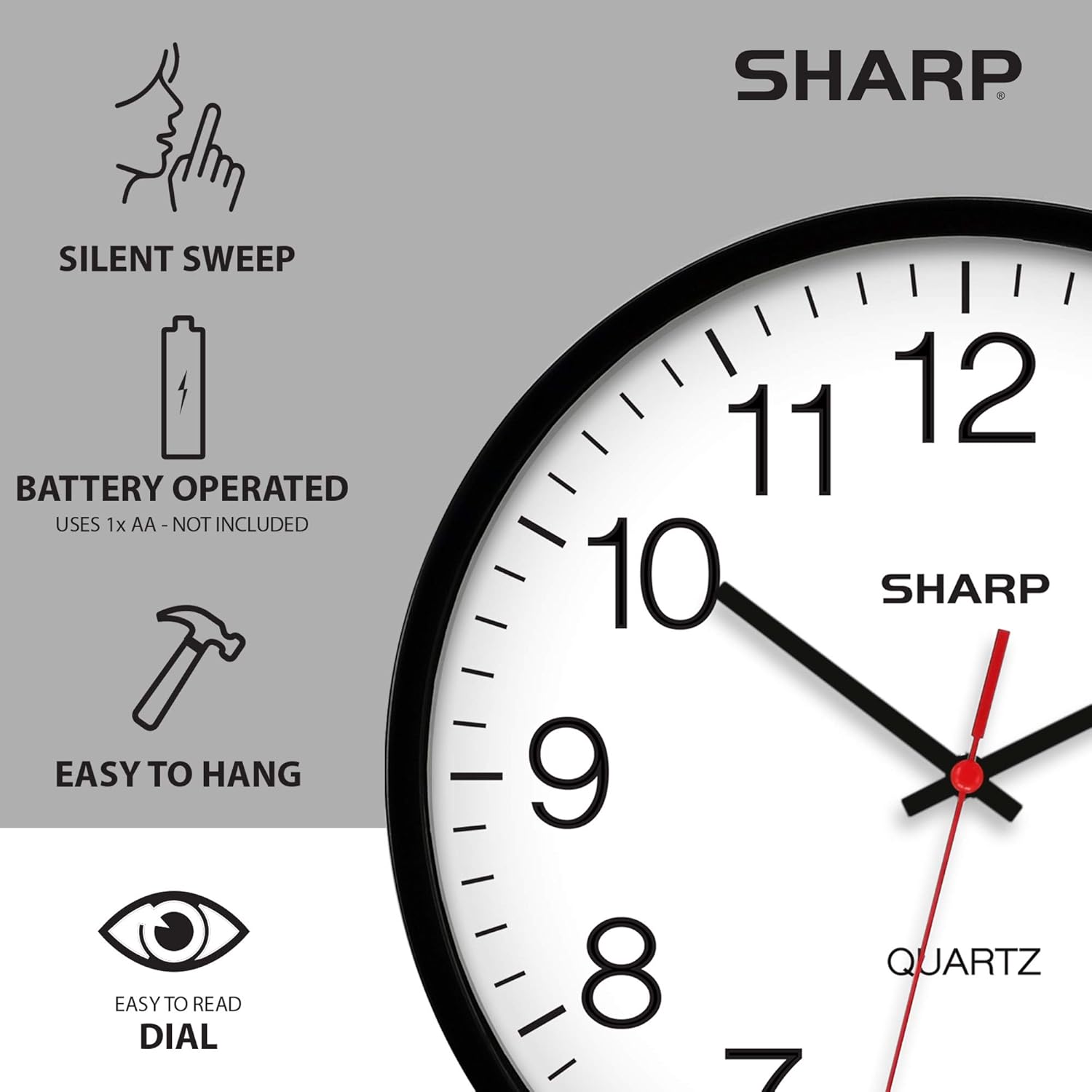Sharp Wall Clock Silent Non Ticking 10 Inch Quality Quartz Battery Operated Round Easy to Read Home/Kitchen/Office/Classroom/School Clocks, Sweep Movement,Black - Image 5